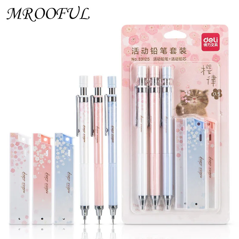 

6pc/pack Kawaii Sakura Mechanical Pencil & Lead Set 0.5mm HB Student Automatic Pencil with Eraser Lead for Drawing Writing Pen