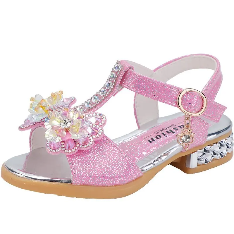 

2021 Princess Summer Children's Sandals Kid Girls Cute Beach Sandals Bowknot Slippers Glitter Sequins Shoes Flower Squre Heels