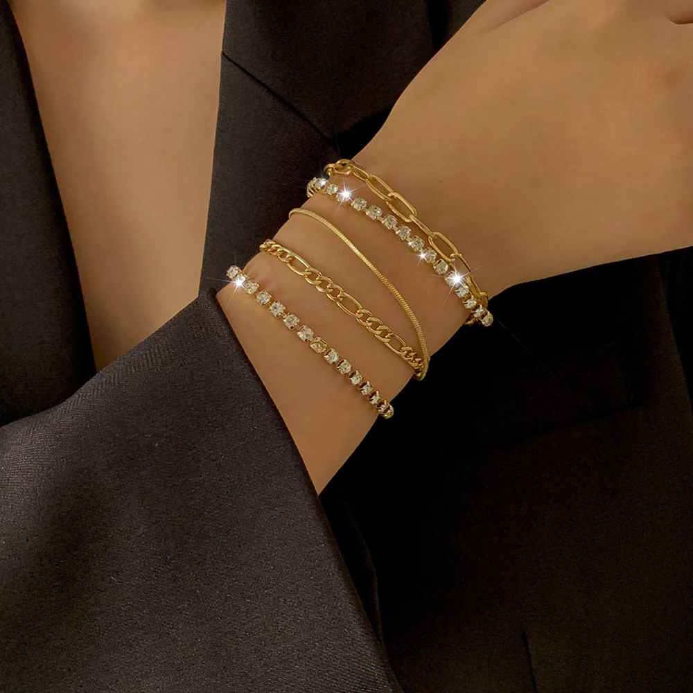 

Lacteo 5 Pcs/Set Double Layer Shiny Rhinestone Chain Bangle Bracelet For Women 2021 Fashion Trendy Snake Chain Charm Barcelet