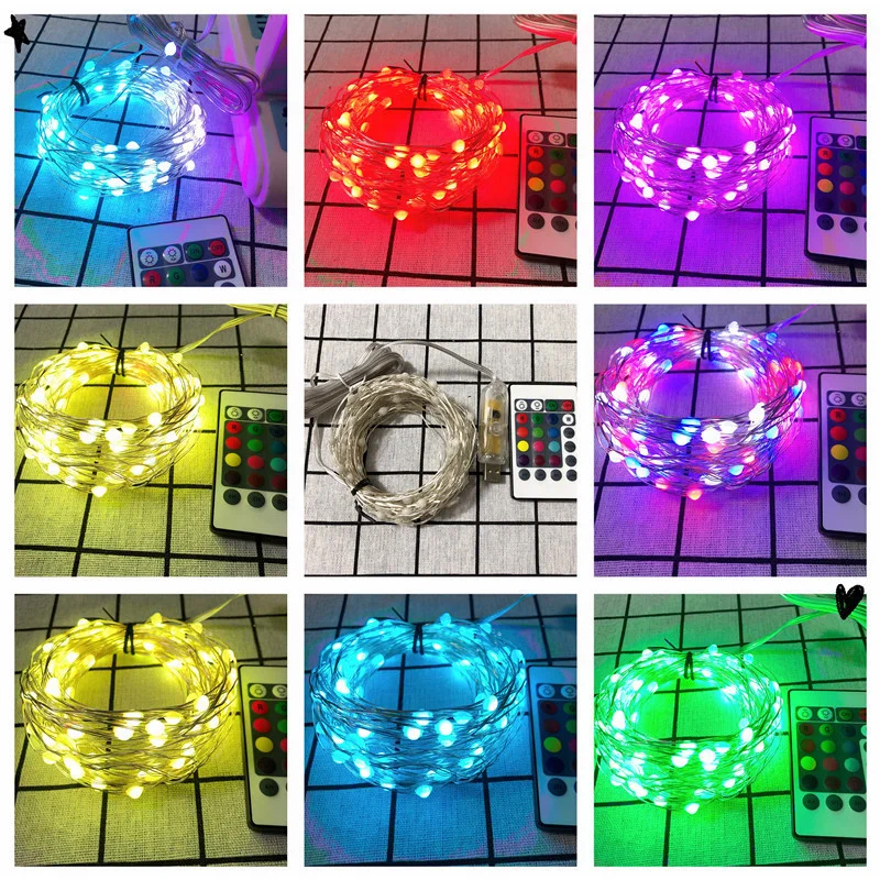 

New point control RGB copper wire lamp string USB remote control horse running water three wire large lamp bead colorful copper