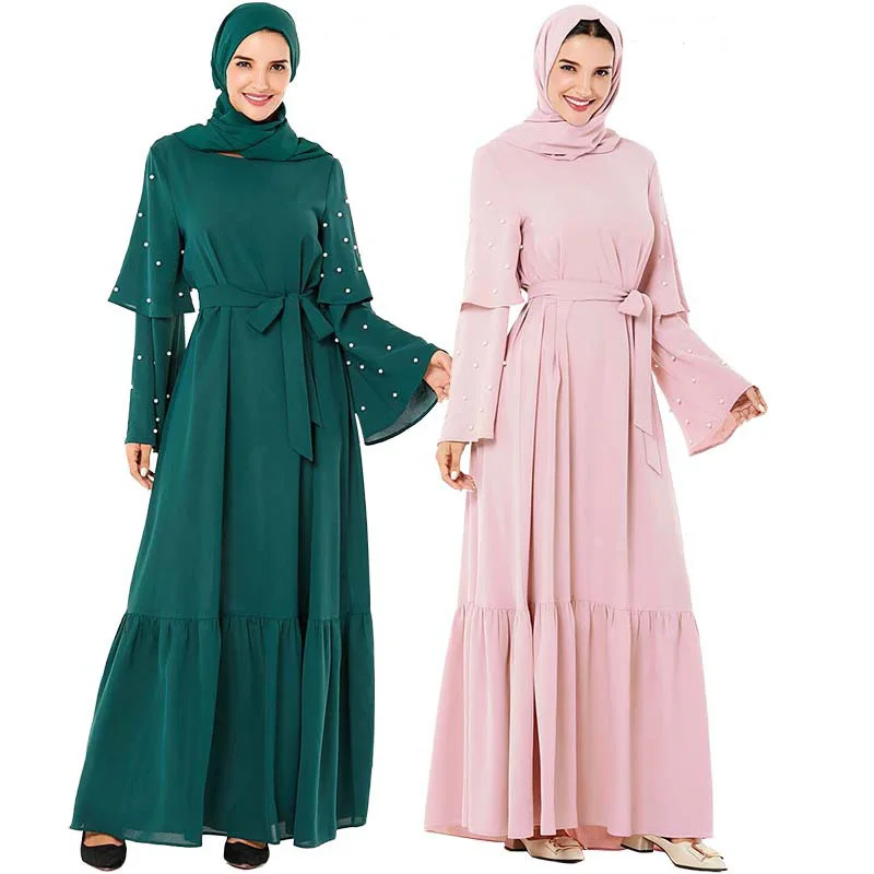 Платье Abaya женское с оборками и жемчугом мусульманский свободный рукав турецкий
