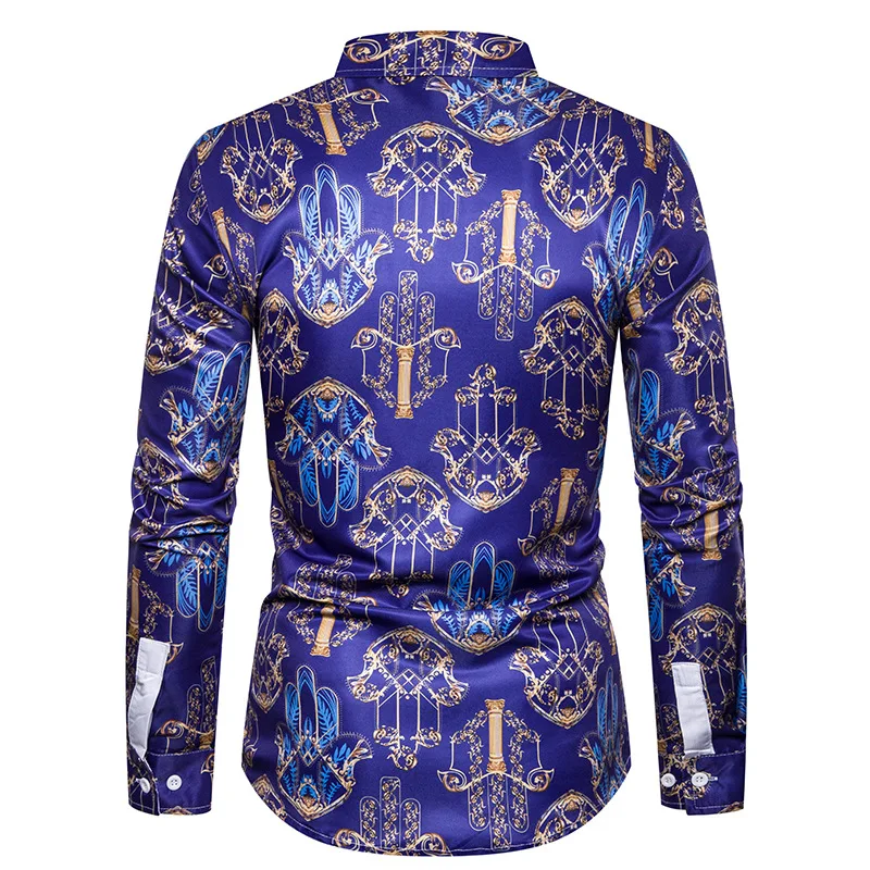 Luxury Royal Mens Shirts Casual Slim Fit Cross Gemstone Printed Long Sleeve Slim Fit Chemise Homme Men Prom Party Tuxedo Shirt