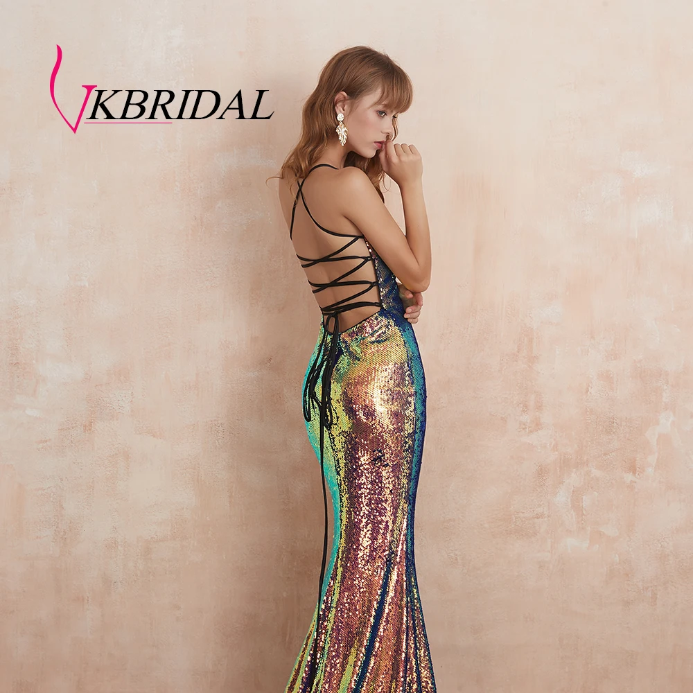 Женское вечернее платье VKBRIDAL длинное блестящее с лямкой на шее и открытой спиной
