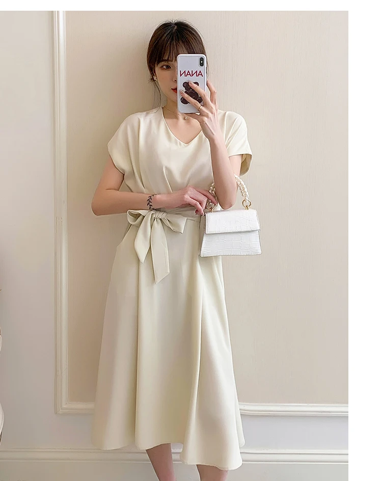 

Vintage Fashion Office Lady Casual V-Neck Dress Women's Clothing Summer 2021 New Solid Color Vestidos High Waist Lace-Up Dress