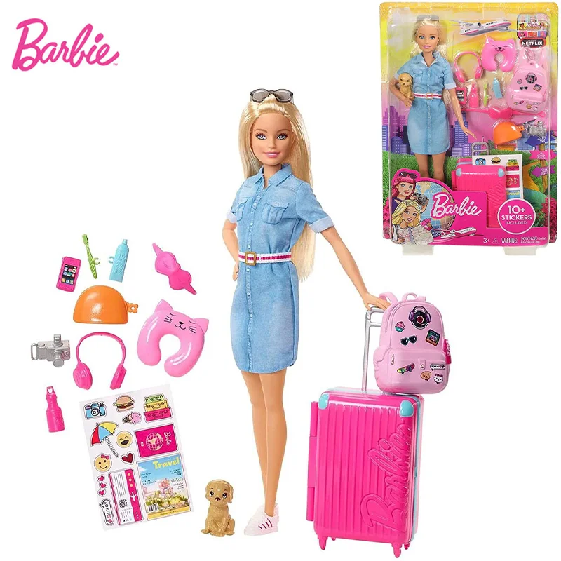 

Набор для Барби FWV25 в поездке с чемоданом для щенков, более 10 аксессуаров, строительная игрушка, подарок на день рождения