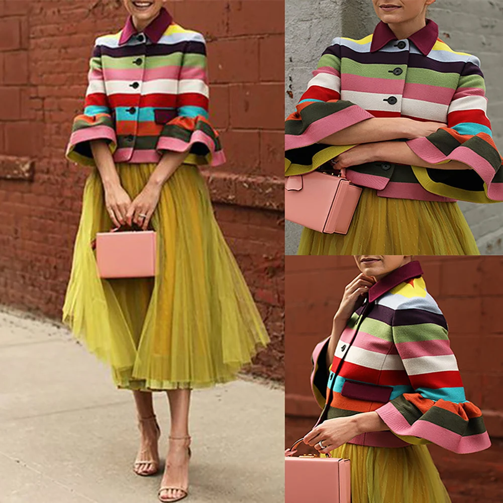 Модные пальто женская осенняя куртка в радужную полоску 3/4 однобортное с