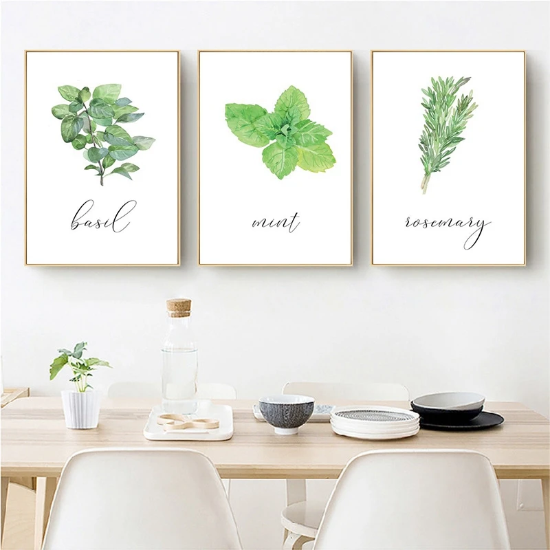 

Watercolor Herbs Basil Mint Posters and Prints Kitchen Decor , Green Plant Rosemary Pictures Botanical Wall Art Canvas Painting