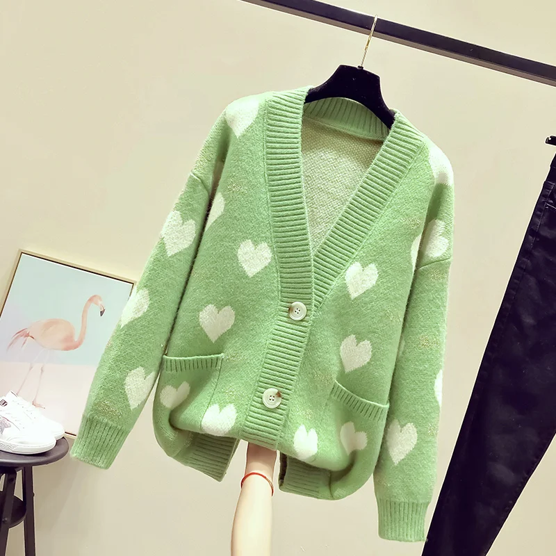 Women Casual winter Knit Jacket and Coats V neck Button Sweaters Sweet Heart Cardigans Loose Female |