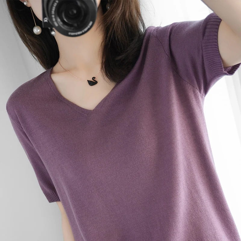 

Coffee Knit Short Sleeve Women Thin Pullover V-Neck Solid Color Gray Purple T-Shirts Feminine 2021 Summer Loose Ice Silk Sweater