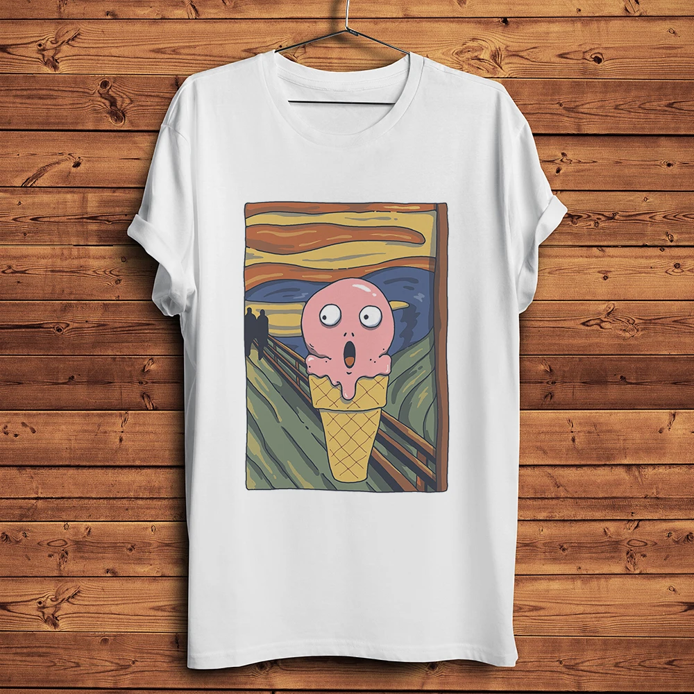 

Футболка мужская с изображением мороженого Munch The Cry Skrik, смешная белая Повседневная рубашка с коротким рукавом, уличная одежда в стиле унисе...