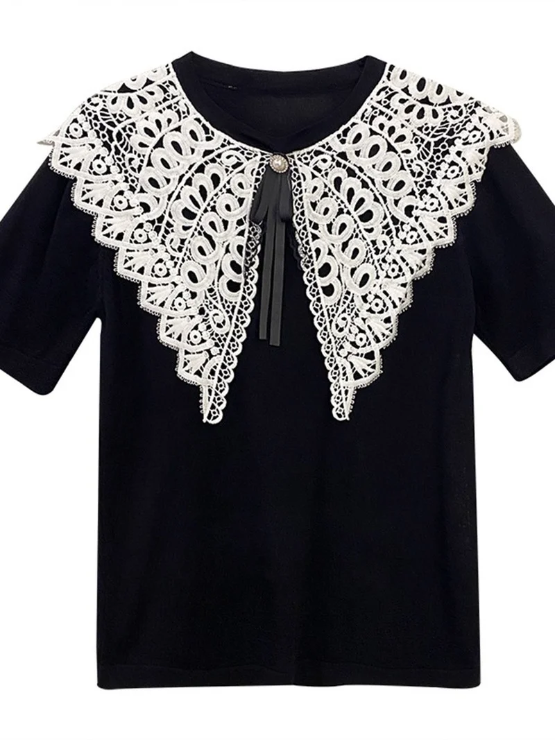 

Summer Short Sleeve Knitted Shirt Women 2021 New Sweet Lace Stitching Turn-down Collar Top Women Black White Woman Blouses 14257