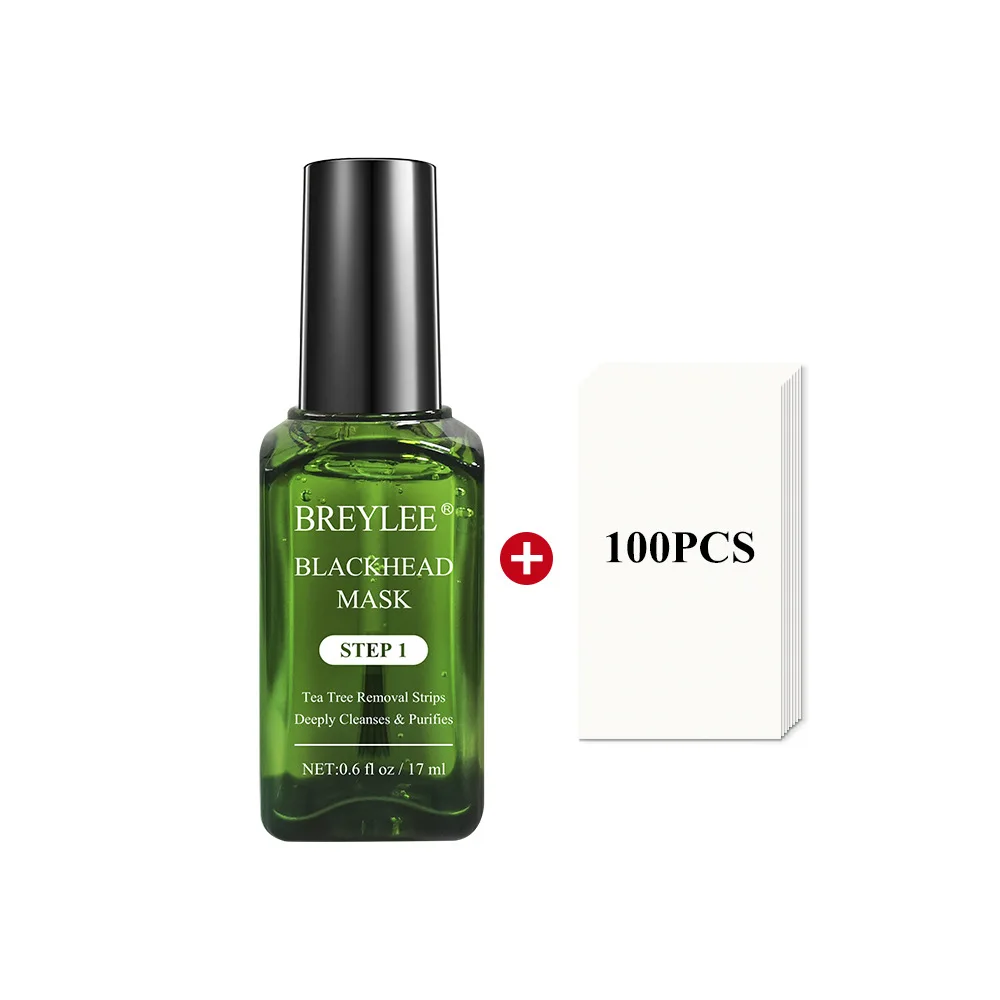 BREYLEE Tea Tree Black Head Nose Membrane Liquid and 100Pc Papers Blackhead Remover Acne Cleansing Peel Off Mud Mask 17ml |