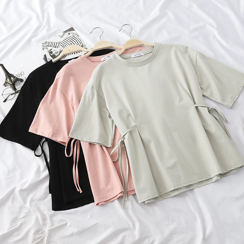 Heliar однотонные с завязками на талии круглым вырезом коротким рукавом топы