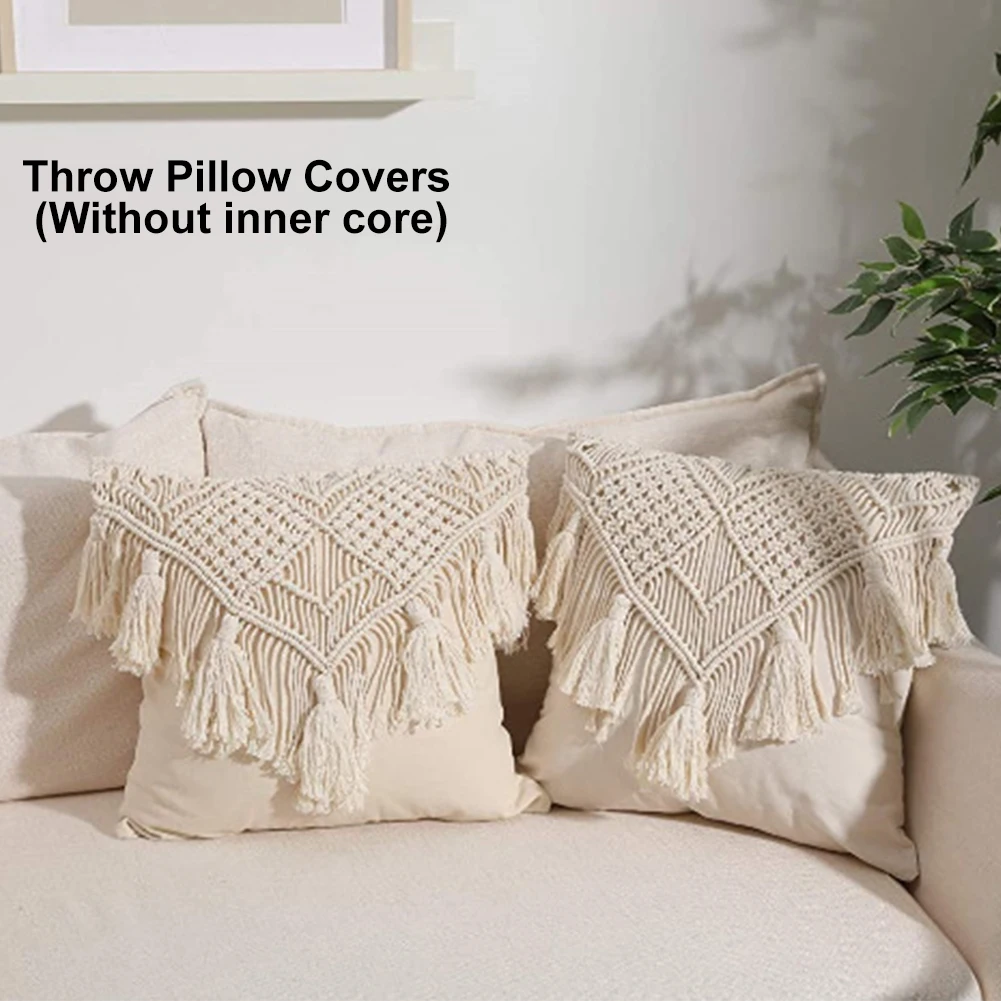 Capa de Almofada Macrame para Cama Decoração para Casa Mistura de Algodão com Borla Sofá Lance Travesseiro Capa Confortável Quadrado Lavável Acessórios 2 Pçs