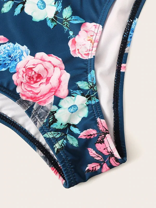 Комплект бикини с цветочным принтом женский купальник высокой горловиной из