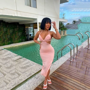 SKMY 2022 New Style Spaghetti Strap Backless Bandage Dress Solid Color Split Sexy Dress Spring And Summer Women Clothing