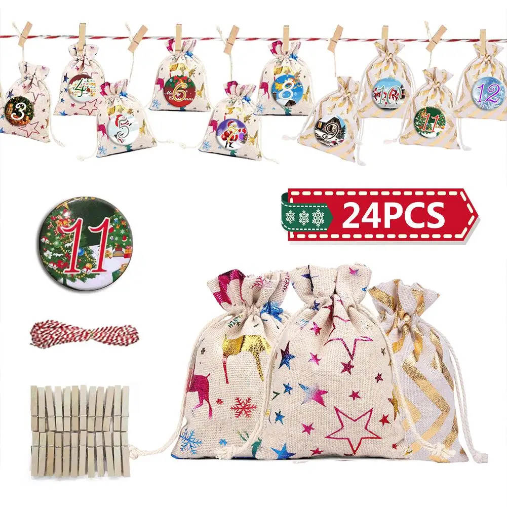 

Christmas Pattern Candy Bag 1-24 Advent Calendar Bundle Cotton Linen Gift Bag Christmas Decorations For Home Party Decor Gifts