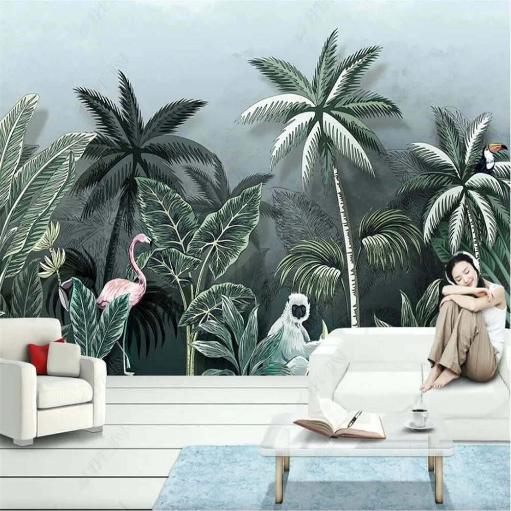 

Milofi custom 3D wallpaper mural hand-painted tropical rain forest flamingo background wall living room bedroom decoration paint