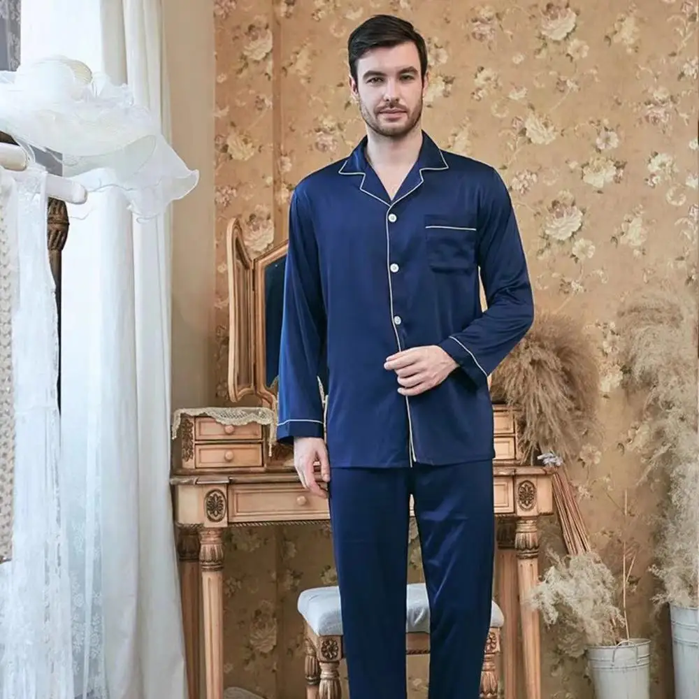 Navy blue men Пижама из шелка и сатина, пижама для пары, набор для женщин и мужчин, домашняя одежда, пижама с длинным рукавом, длинные штаны, одежда для сна, комплект из 2 предметов, домашняя одежда - Цвет: Navy blue men