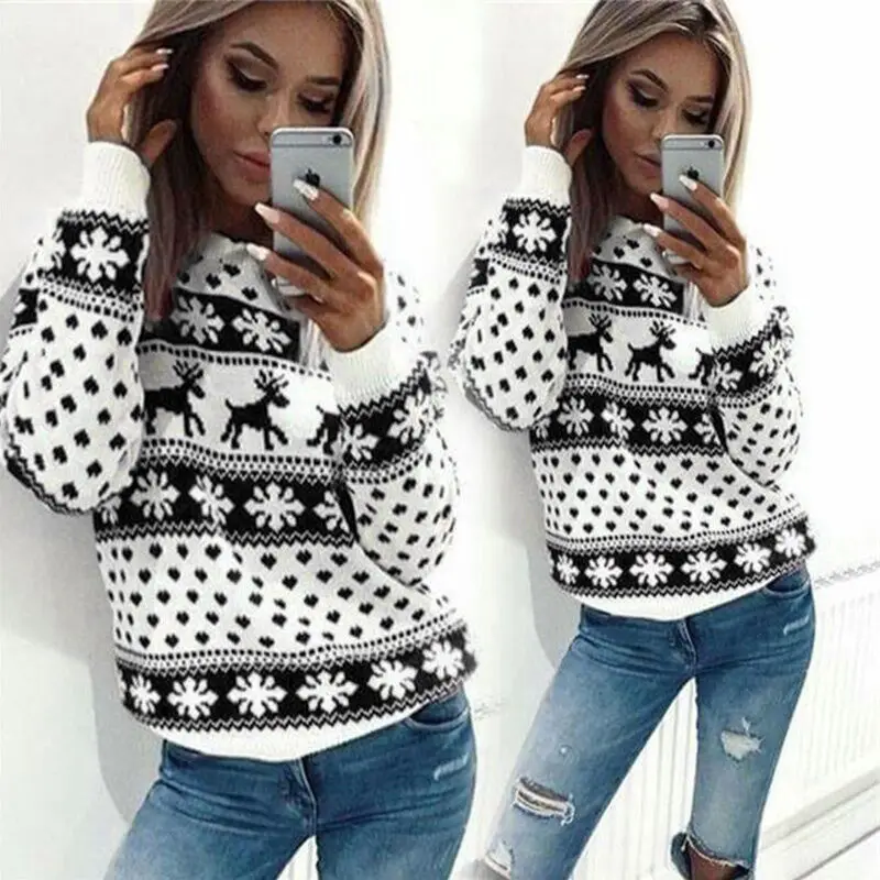 Fashion Ladies Long Sleeve Women Knitting Sweater Print O-Neck Pullover And Jumper Loose Female Tops | Женская одежда