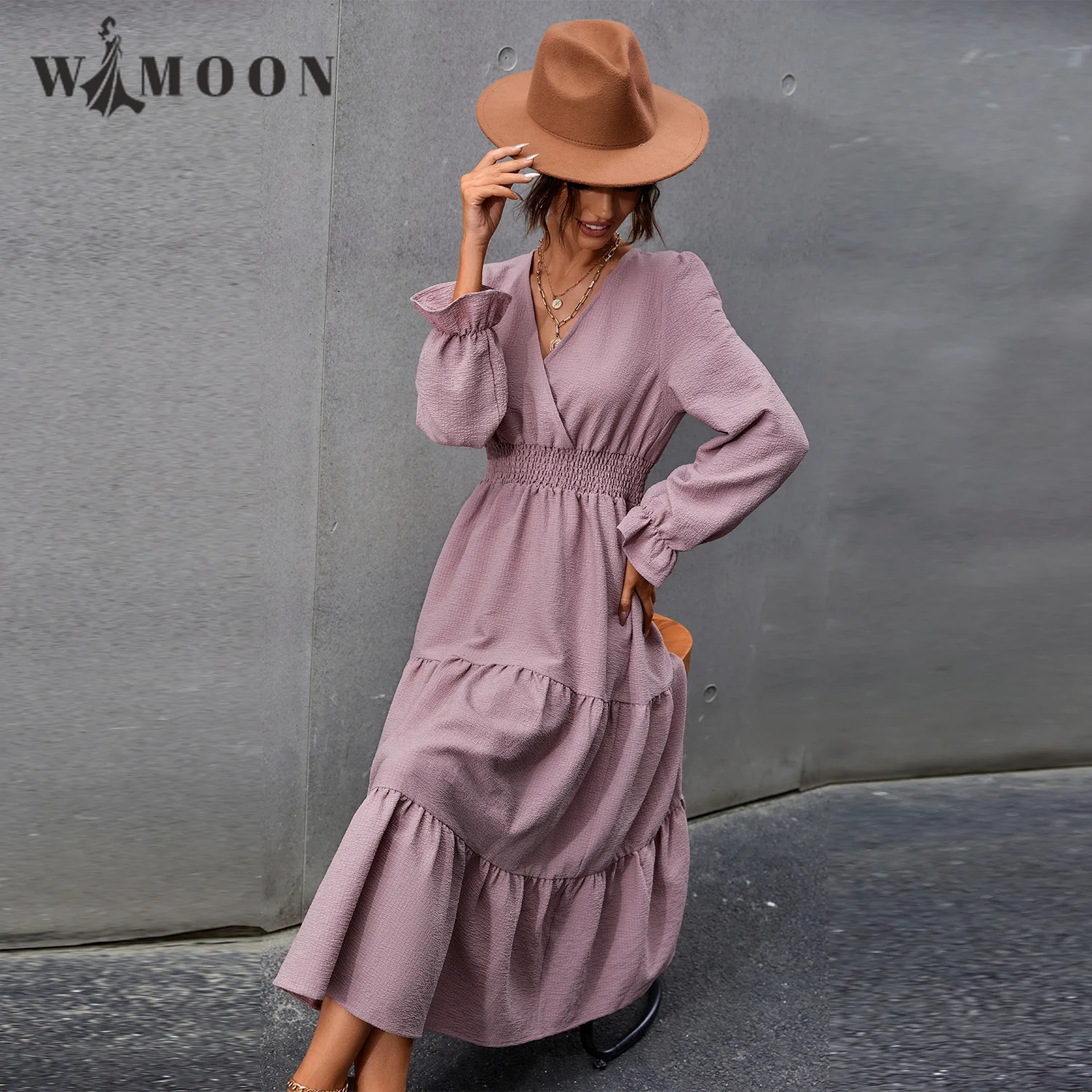 

Long Sleeve Elegant Slim Dress V-neck New 2021 Autumn Office Lady A-LINE Shirring Casual Commute Solid Long Dresses Women