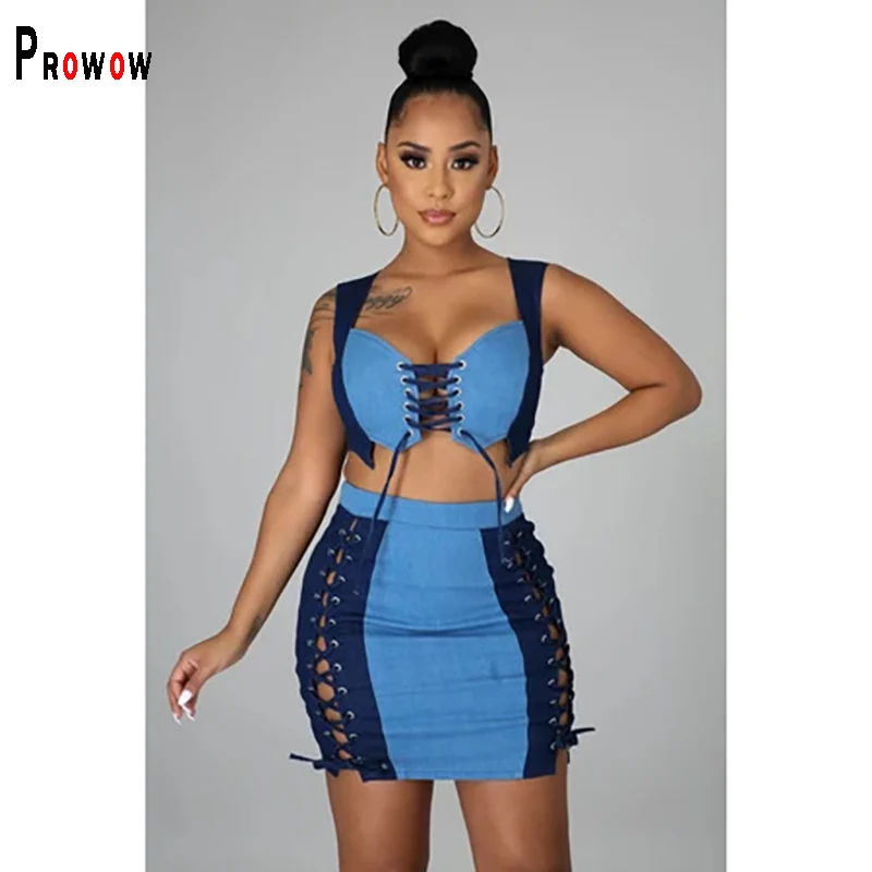 

Prowow Women Sexy Denim Two Piece Set Corset Tops Bandage Skirt Summer Female Clothing Fashion Ladies Streetwear Suits Outfits