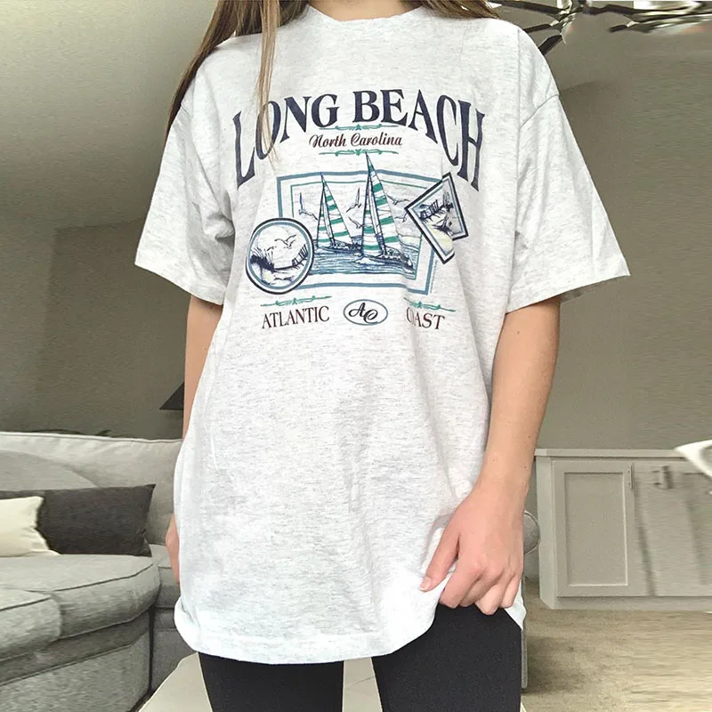 

Gray Vintage Cotton Letters Print Oversized Loose Graphic T Shirts Women Teens Girls New Brand O-Neck Summer Tee Tops Casual