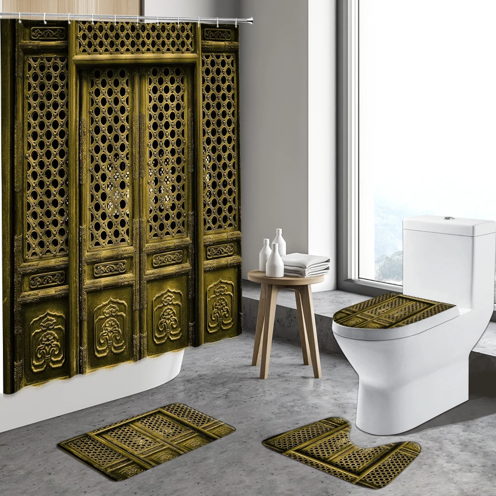 Offerte 4 Pezzi Vintage Vecchia Porta Di Legno Tenda Della Doccia Fattoria A Strisce Bordo Di Legno Tappeti Antiscivolo Tappeto Bagno Coprivaso Tappetini Da Bagno