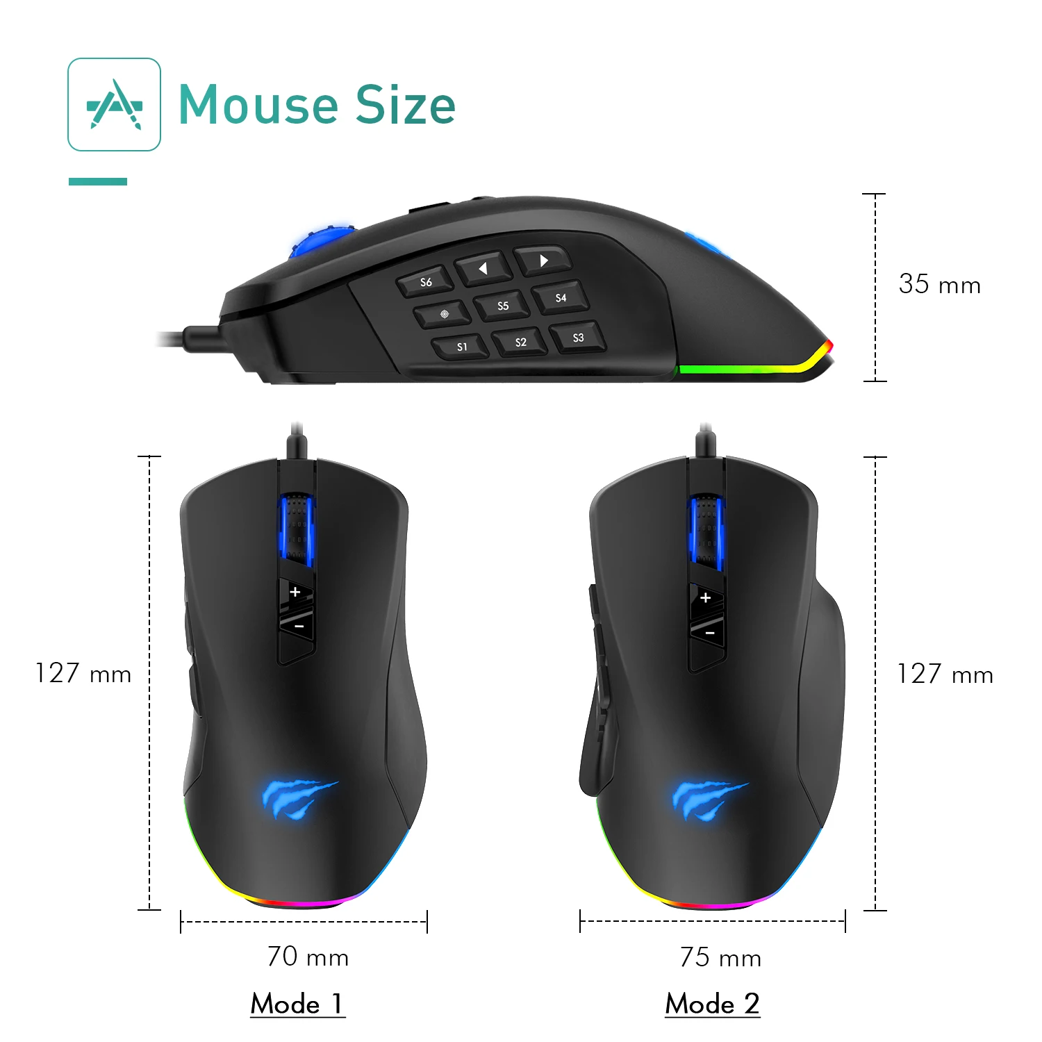 Havit игровая мышь 12000 dpi Проводная мышь с 14 программируемыми кнопками сменные боковые пластины, 2 Сменные правые пластины