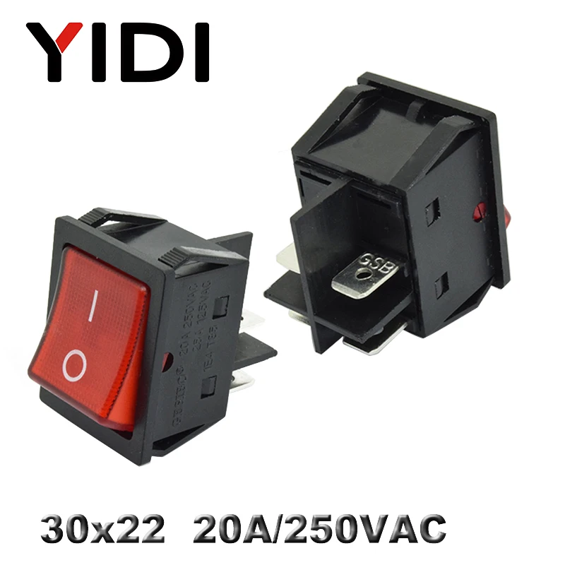 KCD4-201 30x22 30A 250VAC сверхмощный KCD4 кулисный переключатель 20A 250VAC DPST вкл. Выкл. Фиксация 12V 220V красный зеленый синий светодиодный с подсветкой
