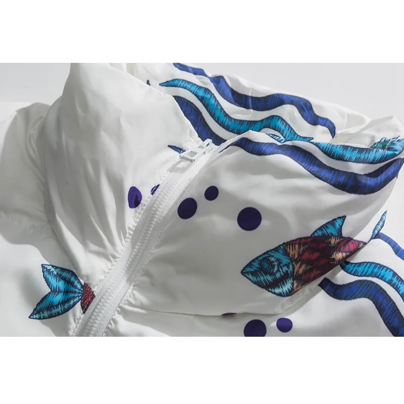 Aolamegs Winter Jacket Men Parkas Colorful Fish Painting Print Outwear Loose Warm Japanese Harajuku Thick Coat Couple Streetwear