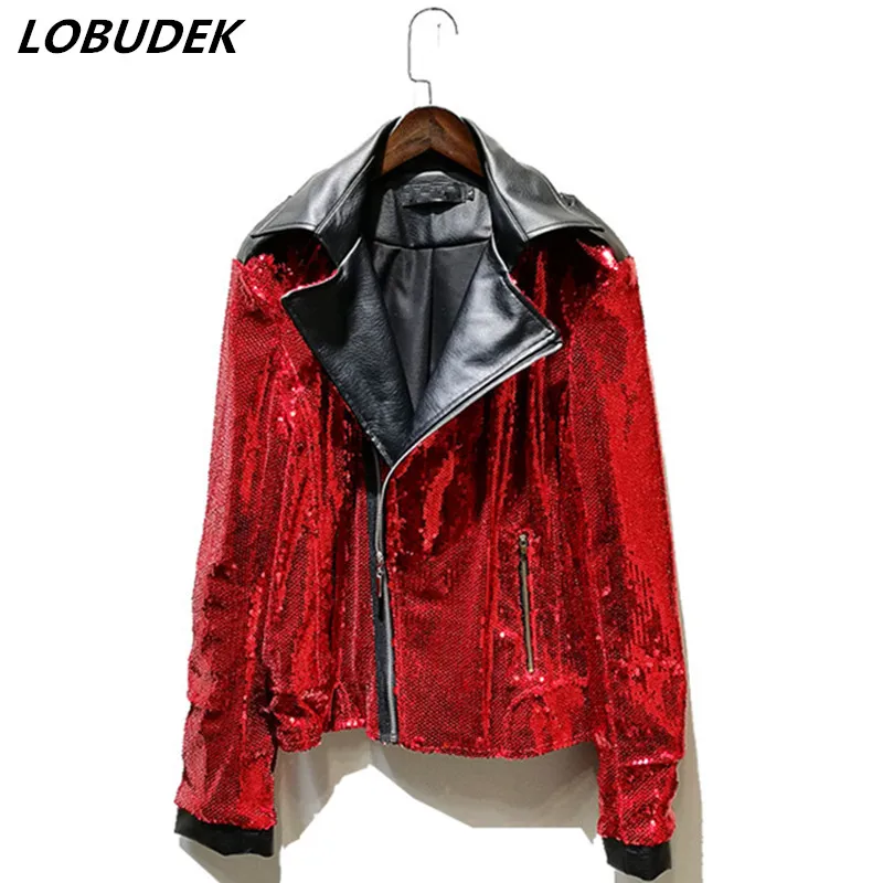 Мужская куртка из искусственной кожи с красными блестками черная мотоциклетная