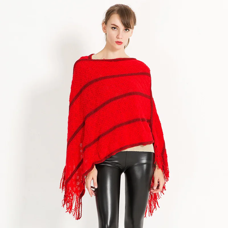 

Women Autumn Winter Striped Cloak Pashmina Shawl Soft Tassel Ladies Big Size Knitted Casual Pullovers Poncho