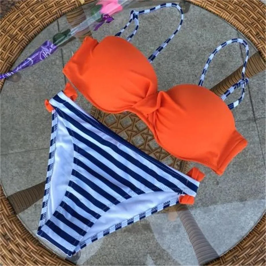 

2020 Sexy Bandage Bikini Set Striped Patchwork Swimsuit Women Brazilian Swimwear Female Halter Top Bathing Suit Swimming Wear
