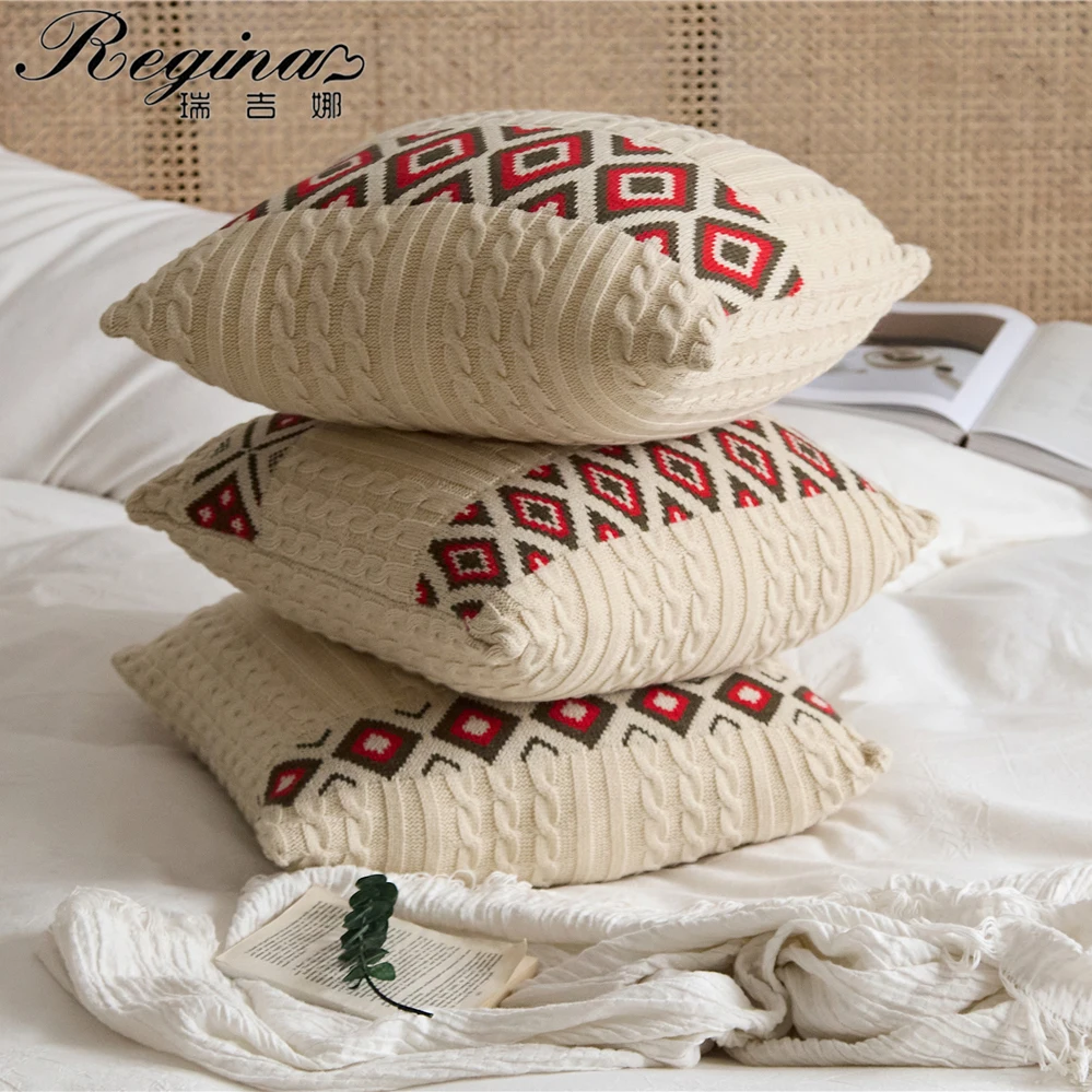 

REGINA Bohemian Embroidery Pattern Cushion Covers 45*45CM Beige Soft Cozy Delicate Knitted Decorative Sofa Bed Pillow Case Cover