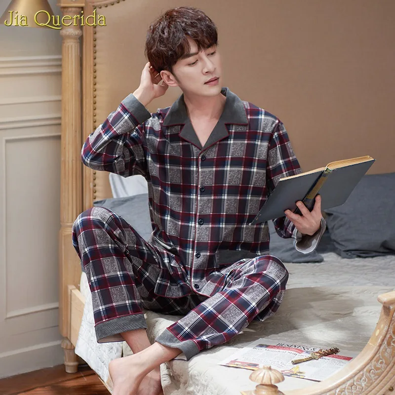 Японские пижамы мужские Роскошные 100% хлопок с принтом в клетку набор осень зима