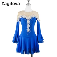 royal blue figure skating dress women and girls ice skating clothes long sleeve princess skirt with rhinestones lace