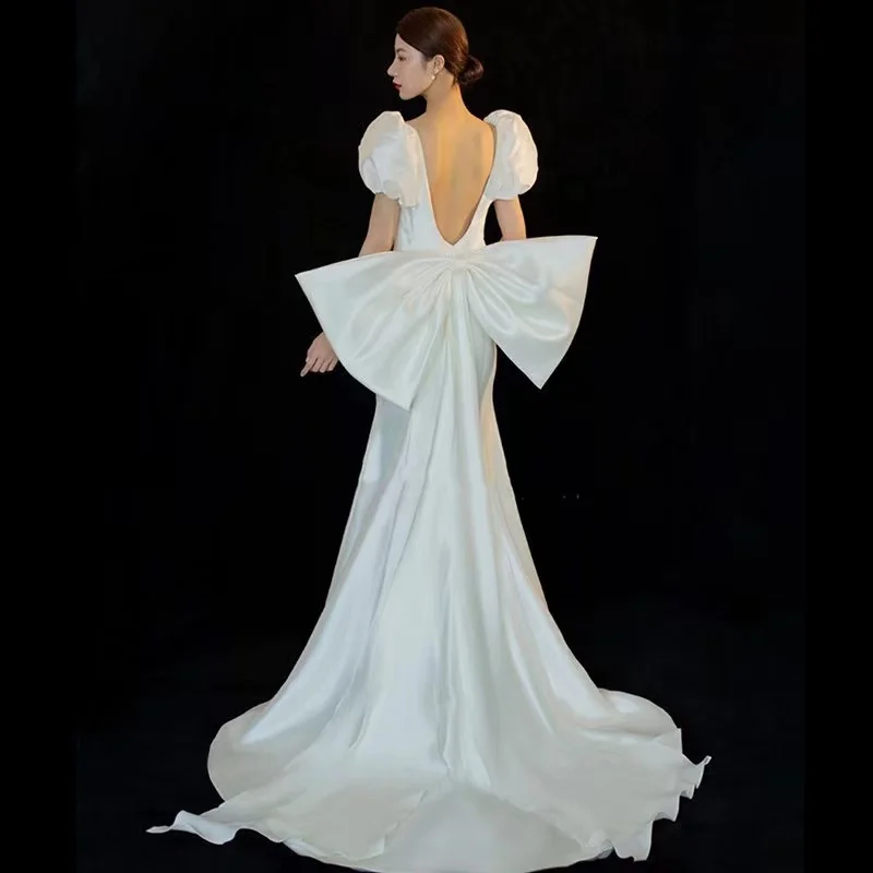 Elegant Soft Satin Mermaid Wedding Dresses Boho Square Neck Lantern Sleeve Backless Big Bow Sweep Train Wedding Gown Custom Made