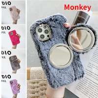 luxury fur fluffy makeup mirror case for oppo realme 8 7 6 5 pro 5i c21 c15 c12 c11 c3 c2 x7 x2 xt a5s a3s a15s f9 f7 soft cover