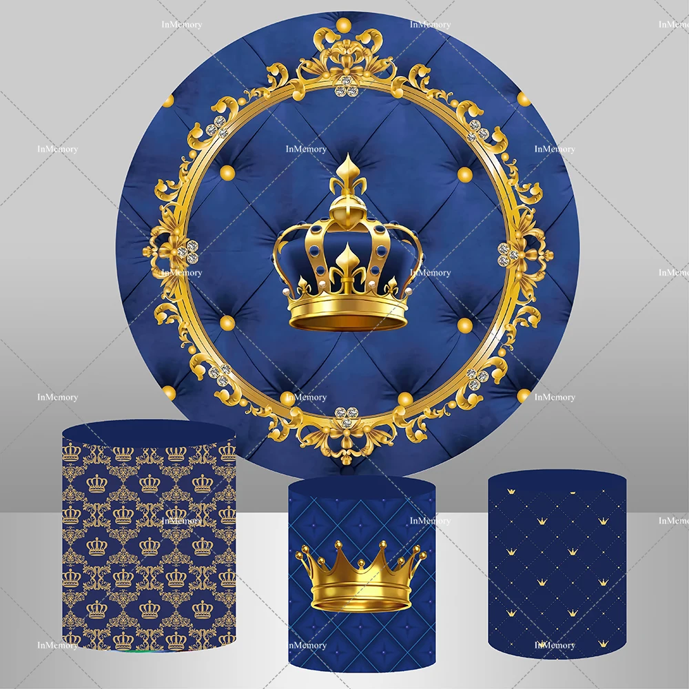 

Royal Blue Prince Boy Birthday Circle Round Backdrop Cover Custom Gold Crown plinth cover Newborn Baby Shower Background