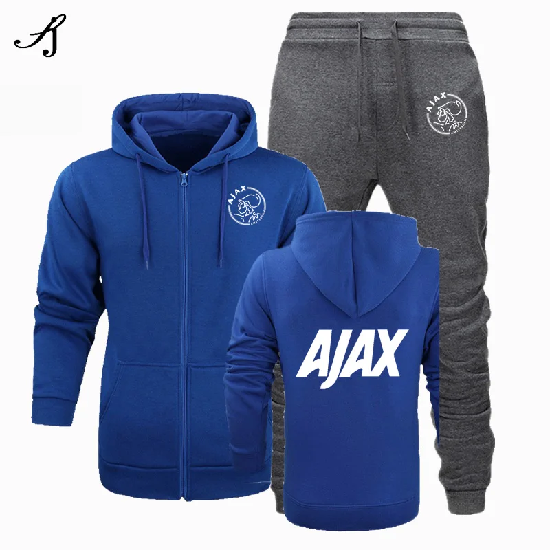 Новинка, модная спортивная одежда AJAX, толстовка с капюшоном, мужская спортивная одежда, два предмета, хлопок, флис, Толстая Толстовка с капюшоном+ штаны, спортивный костюм для мужчин - Цвет: blue2