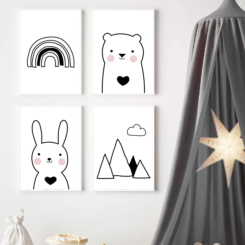 Кролик Медведь Холст плакат скандинавские принты игровая комната черно-белые