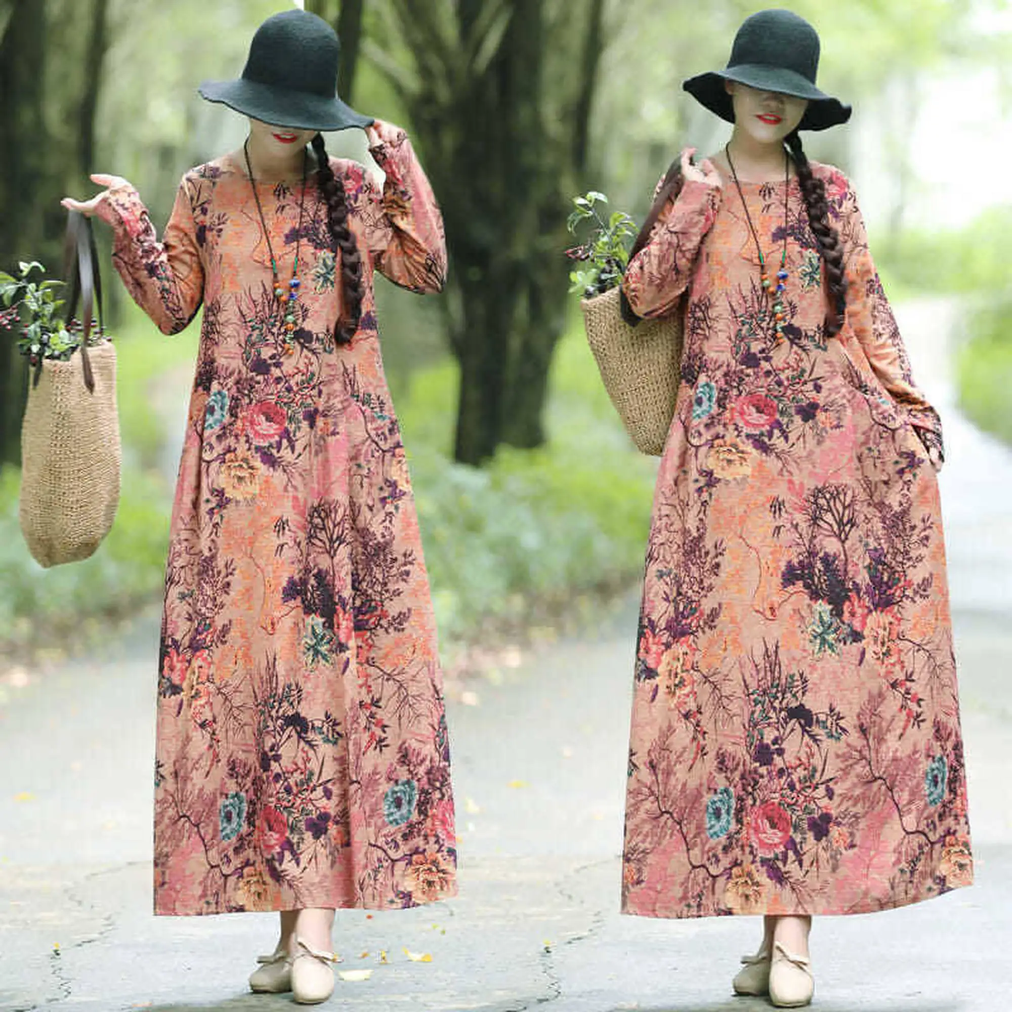 

Pure cotton 100% spring and autumn dress New retro national style plus size loose printed long sleeve dress Women's dress