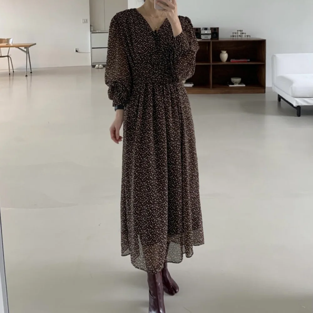 

Elegance Retro Small Floral Women Mid-length Dress Autumn New 2021 High Waist Fashion Women Casual Simplicity Dress