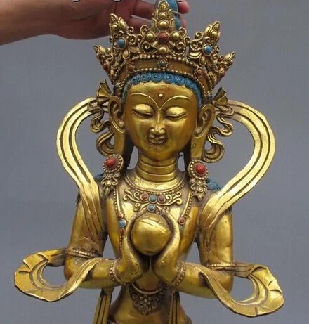 Tibet Refined Bronze Gilt Stand Kwan-Yin guanyin Bodhisattva Buddha statue |