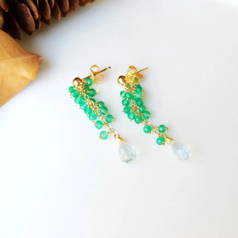 

Lii Ji Genuine Green Onyx Aquamarine Drop Beads Handmade 925 Sterling Silver 18K Gold Color Stud Earrings Women Jewelry