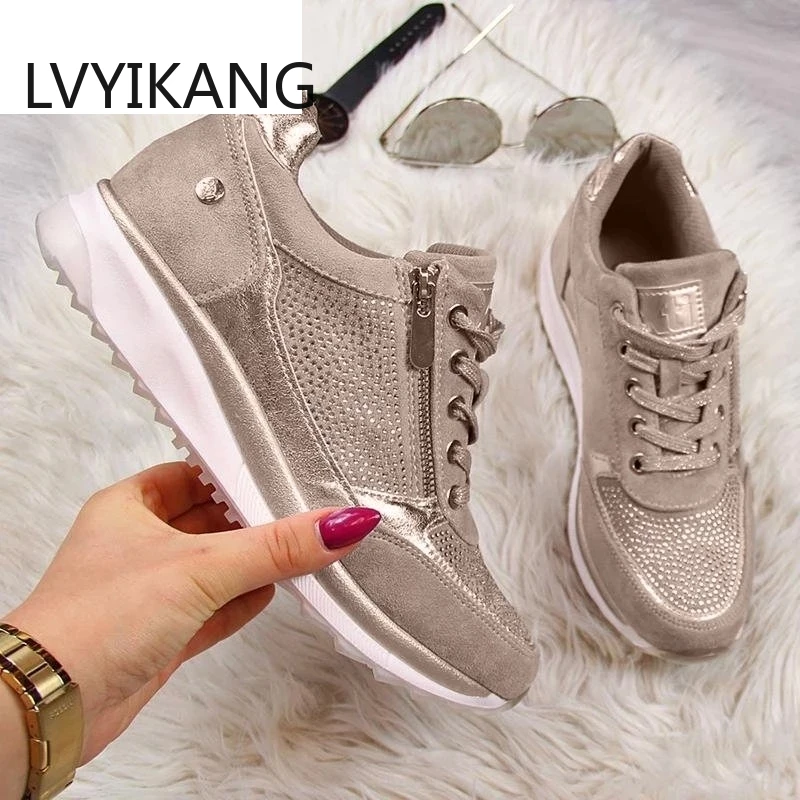 

Women Shoes Gold Sneakers Zipper Platform Trainers Women Shoes Casual Lace-Up Tenis Feminino Zapatos De Mujer Womens Sneakers