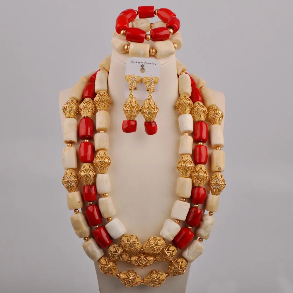 

Mixed Color Natural Coral White And Red Necklace African Party Dress Accessories Nigerian Bride Wedding Jewelry Set AU-659
