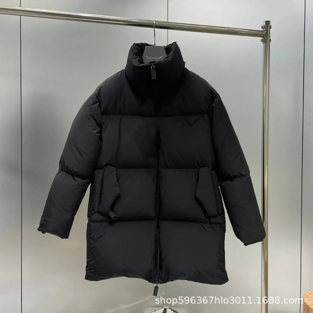 

2021 winter new black down jacket triangle logo mid-length loose collar thickened warm jacket women