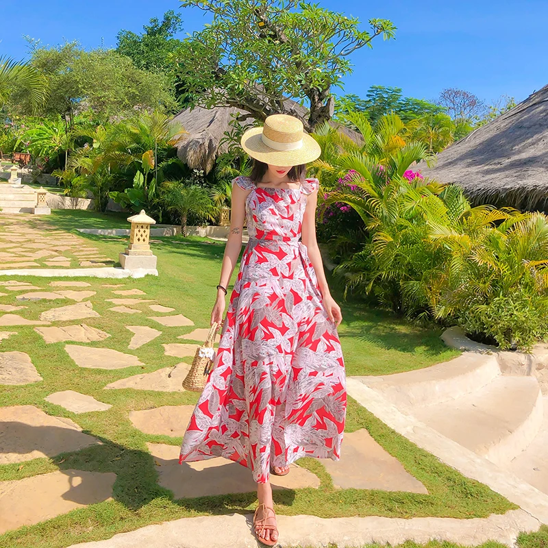 

Fashion elegant women comfortable high quality hollow out sexy dress new arrival temperament cute beach print long a-line dress